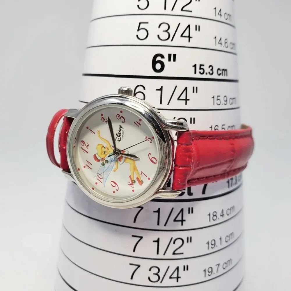 Disney Tinker Bell Holiday Quartz Watch Silver Red Leather